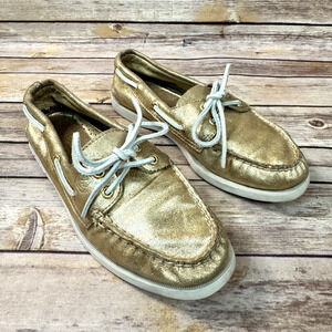 Sperry Womens Gold Leather Lace Up Boat Shoes 7M Preppy Shoes Nautical Classic